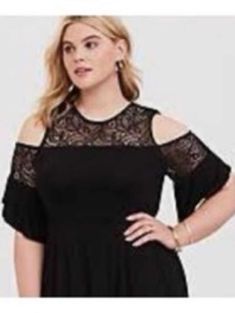 Torrid, size 1 (14/16) black lace dress, cold shoulder. Never worn.